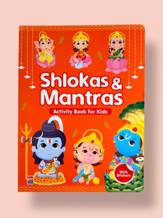 Shlokas and Mantras Activity Book for Kids featuring Lord Ganesha, Shiva, Hanuman, Krishna, Lakshmi and Saraswati with stickers