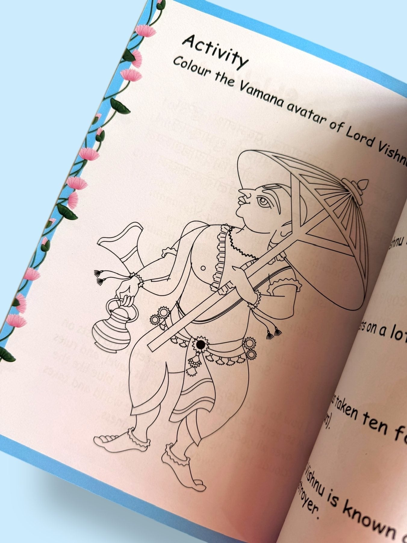 Vamana Avatar colouring page for kids from the Shlokas and Mantras Activity Book with devotional colouring activity