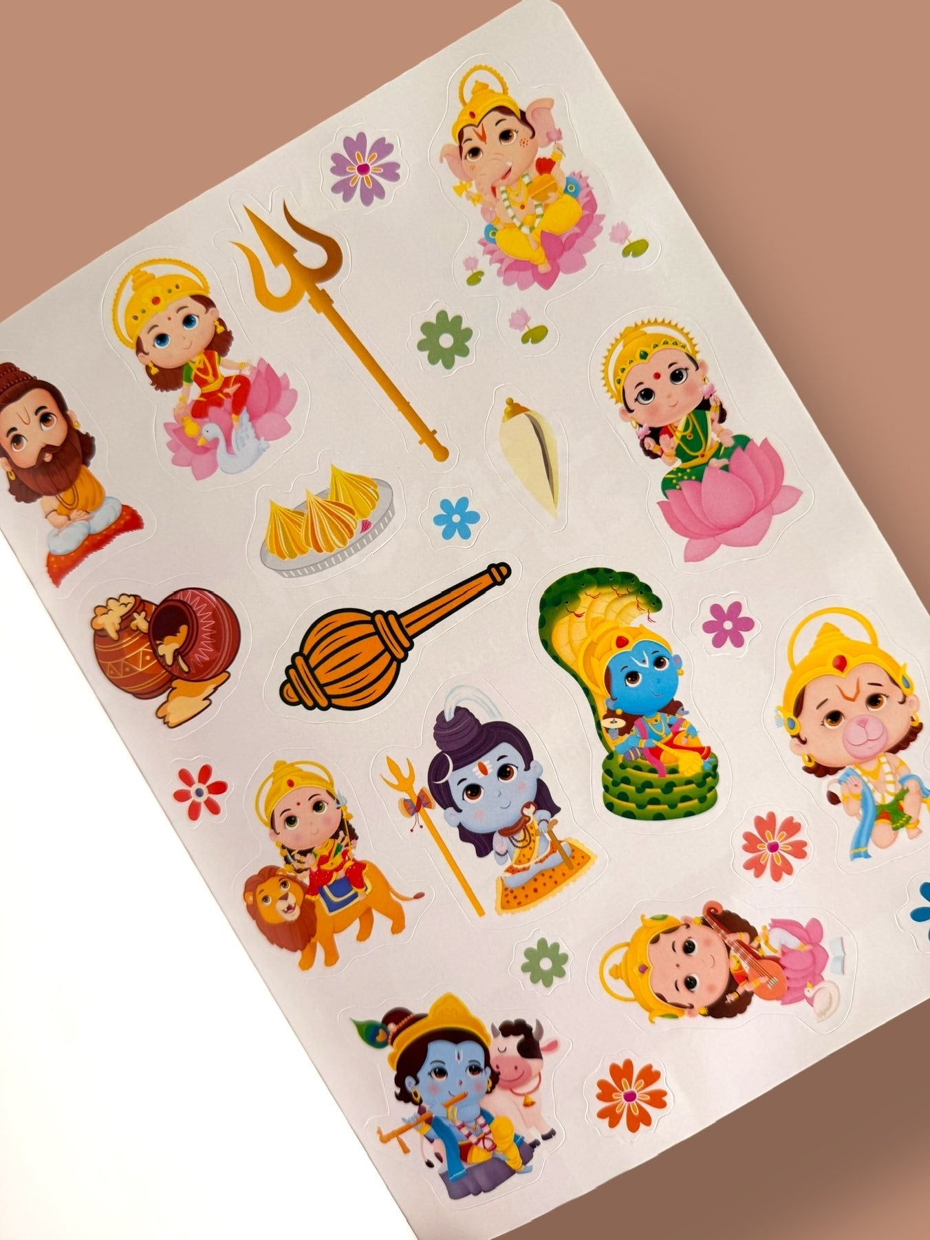 Hindu gods and goddesses sticker sheet for kids with Ganesha, Shiva, Krishna, Hanuman, Lakshmi, Saraswati and devotional symbols