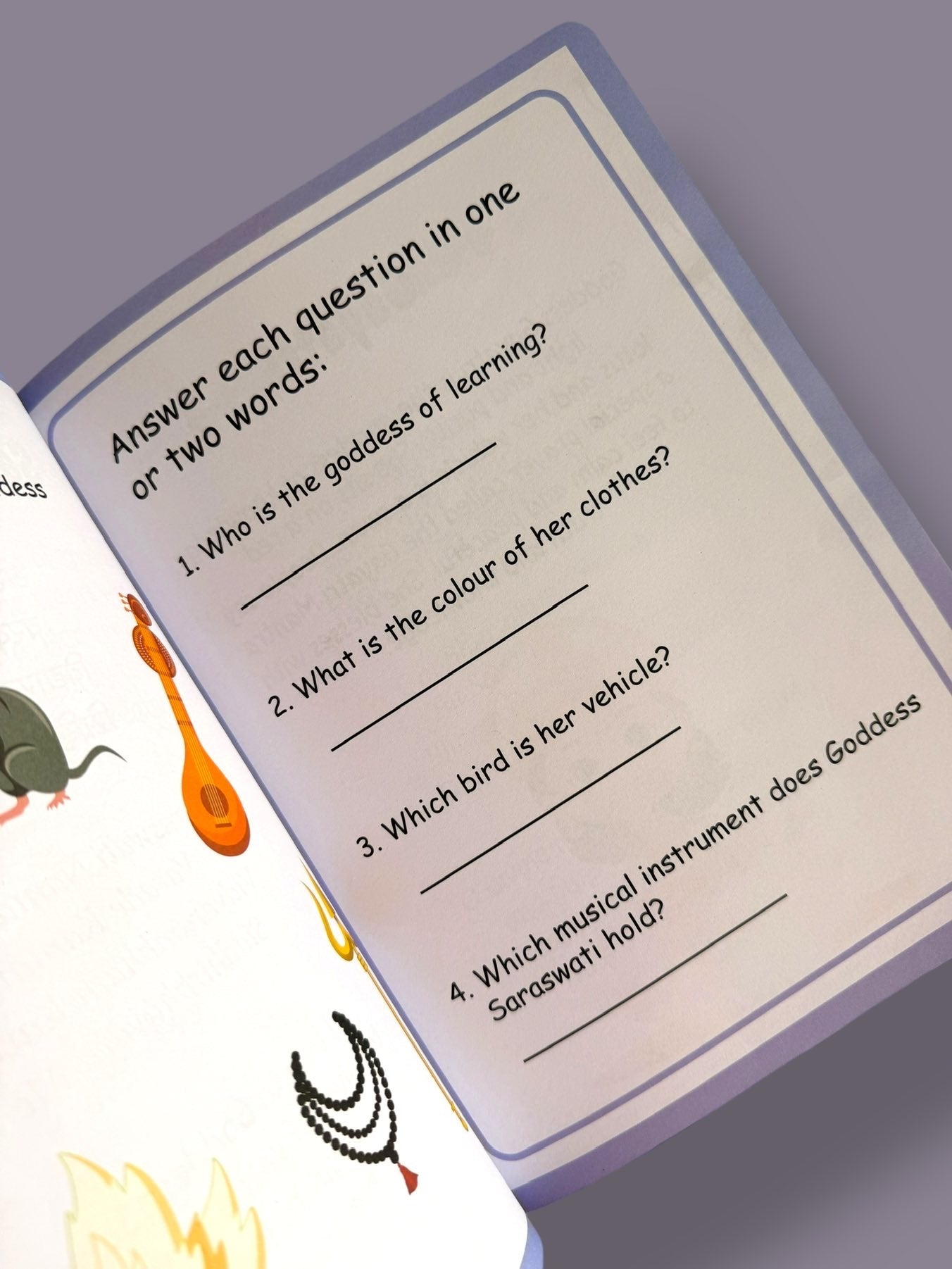 Kids worksheet with questions about Goddess Saraswati and Hindu gods for devotional learning and knowledge practice