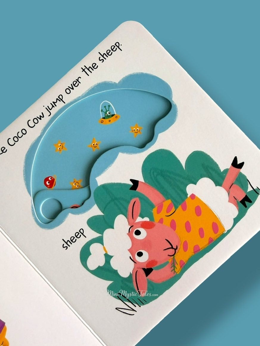 Interactive farm animal board book with slide and peek mechanism revealing playful surprises for young children.
