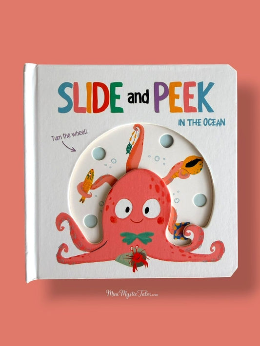 Slide and Peek In The Ocean interactive board book for toddlers featuring a colourful octopus and movable wheel.