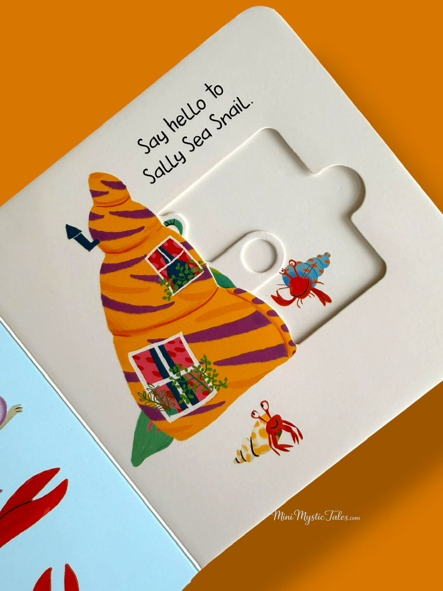 Interactive ocean board book page with Sally Sea Snail and a fun slide and peek mechanism for young children.