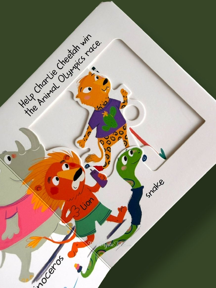 Slide and Peek In The Wild animal Olympics activity featuring cheetah, lion, snake and other colourful wild animals.