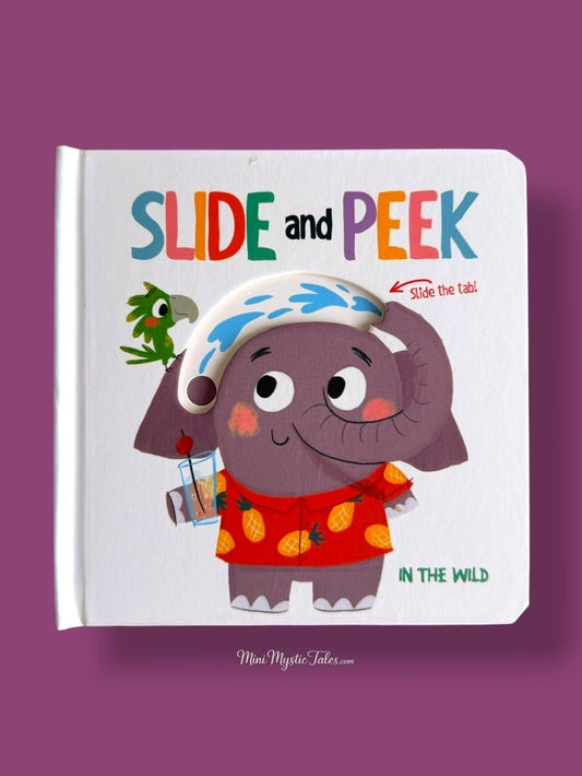 Slide and Peek In The Wild interactive board book for toddlers featuring an elephant and fun movable slider activities.