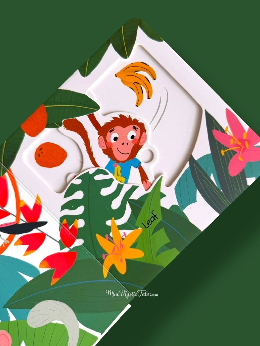 Slide and Peek In The Wild interactive page with a playful monkey and movable slider for young children.