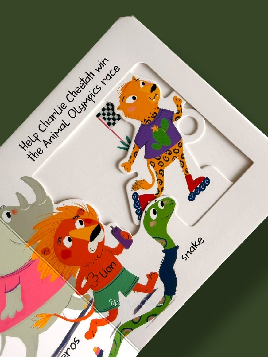Interactive moving parts board book for toddlers featuring a cheetah race and slide and peek activity.