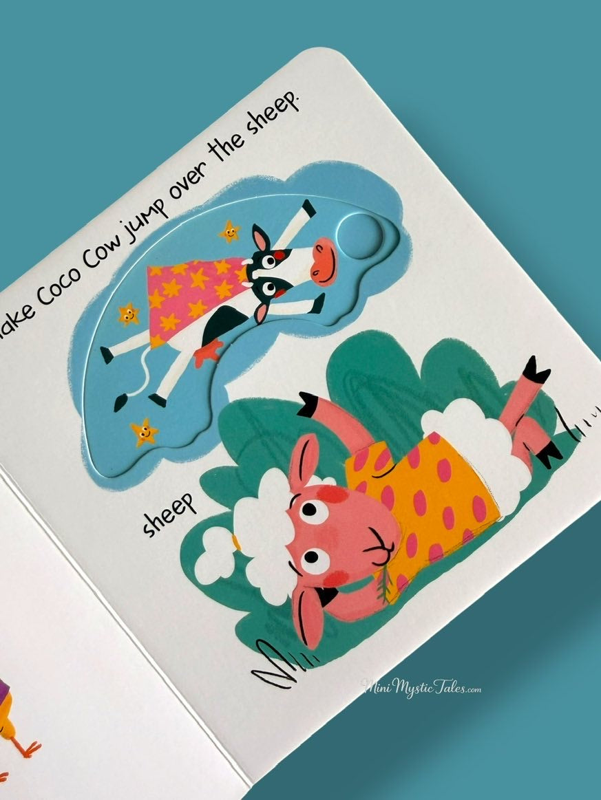 Slide and Peek On the Farm interactive slider page featuring a jumping cow and sheep for toddlers.