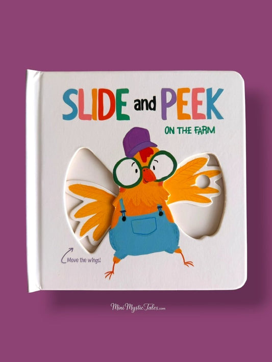Slide and Peek On the Farm interactive board book for kids with fun moving sliders and farm animal illustrations.