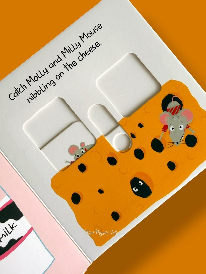 Slide and Peek On the Farm movable slider activity featuring mice hiding inside a colourful cheese illustration.
