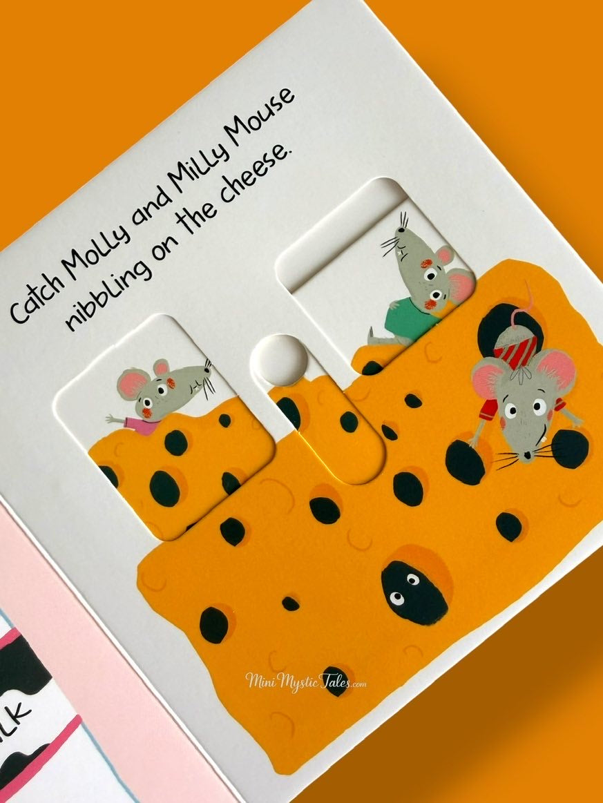 Interactive moving parts board book for toddlers with mice, cheese and hands-on slide and peek activities.