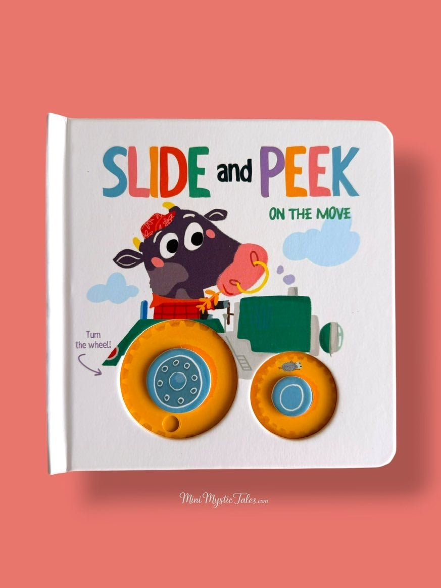 Slide and Peek On The Move interactive board book for toddlers featuring a tractor with a fun movable wheel.