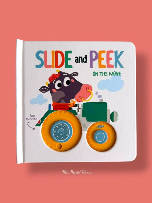 Slide and Peek On The Move interactive board book for toddlers featuring a tractor with a fun movable wheel.