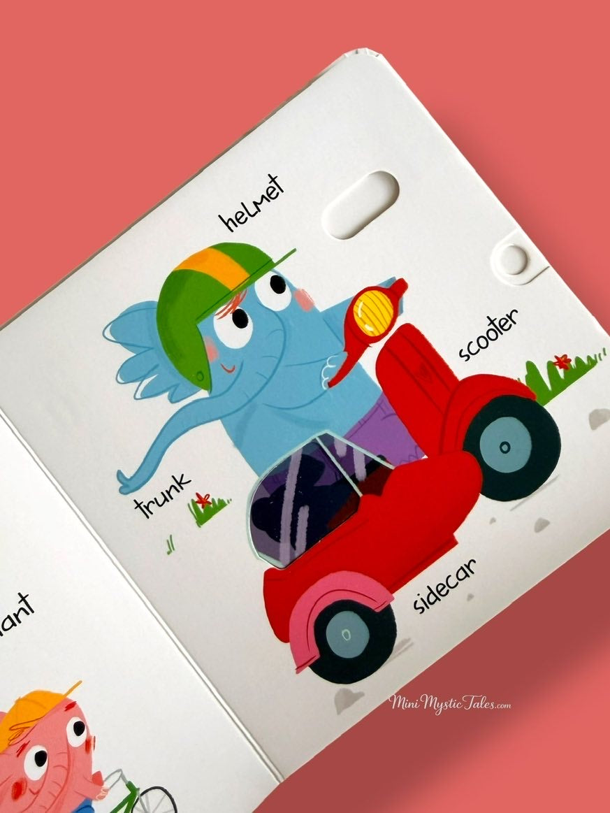 Slide and Peek On The Move activity page featuring an elephant riding a scooter with interactive sliding parts.
