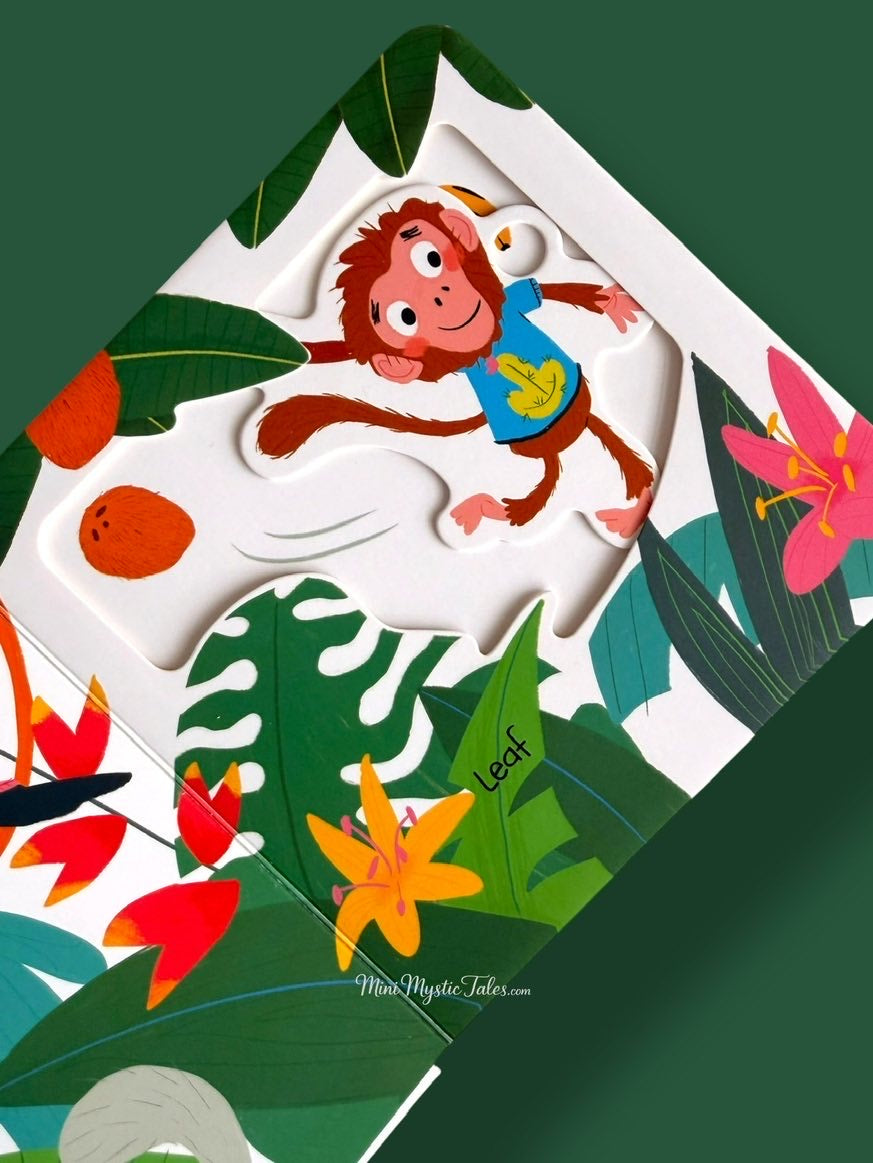 Interactive wild animals board book showing a monkey surprise reveal with a hands-on sliding mechanism.