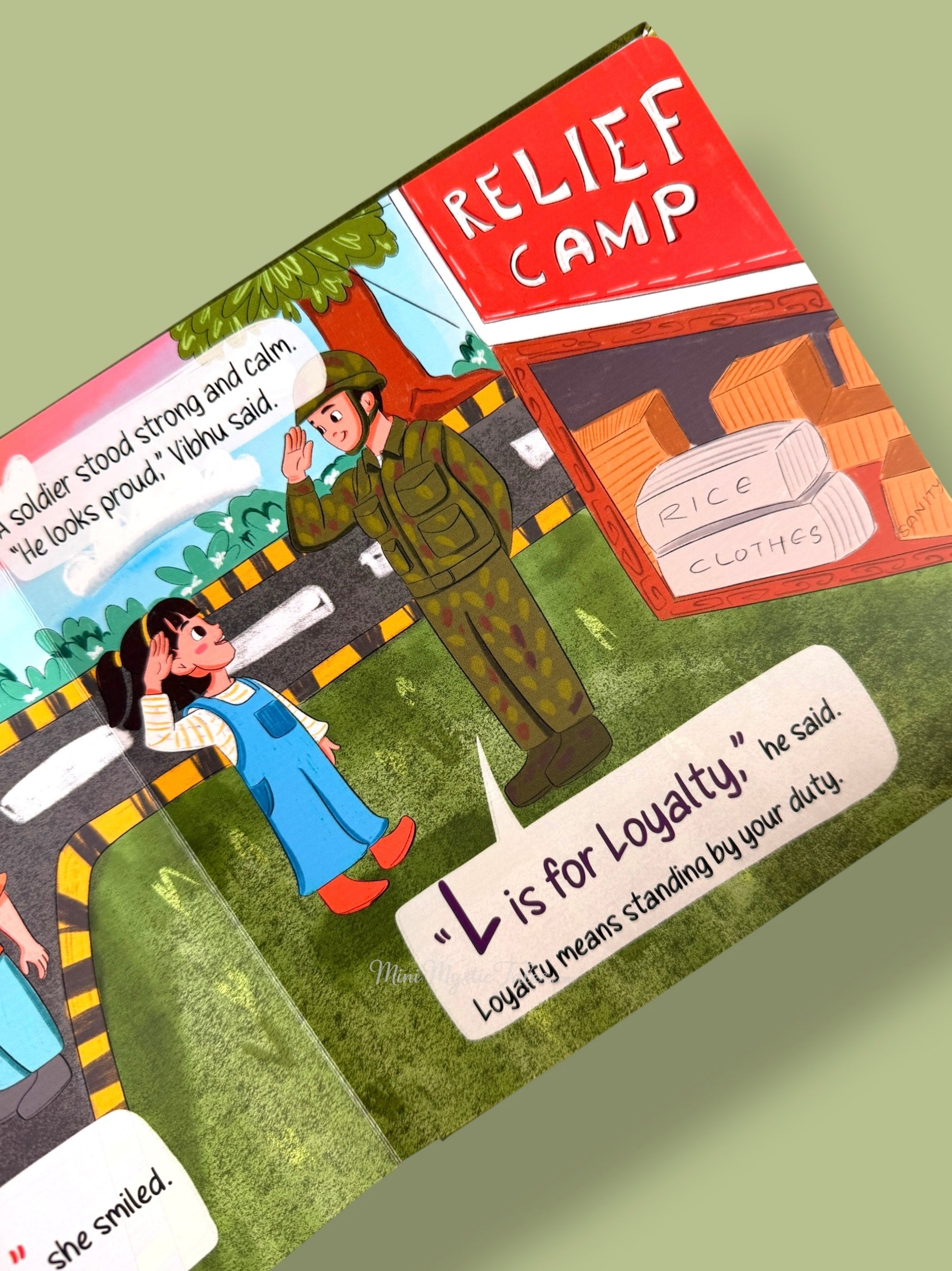 Children’s picture book page explaining loyalty through a soldier helping others at a relief camp