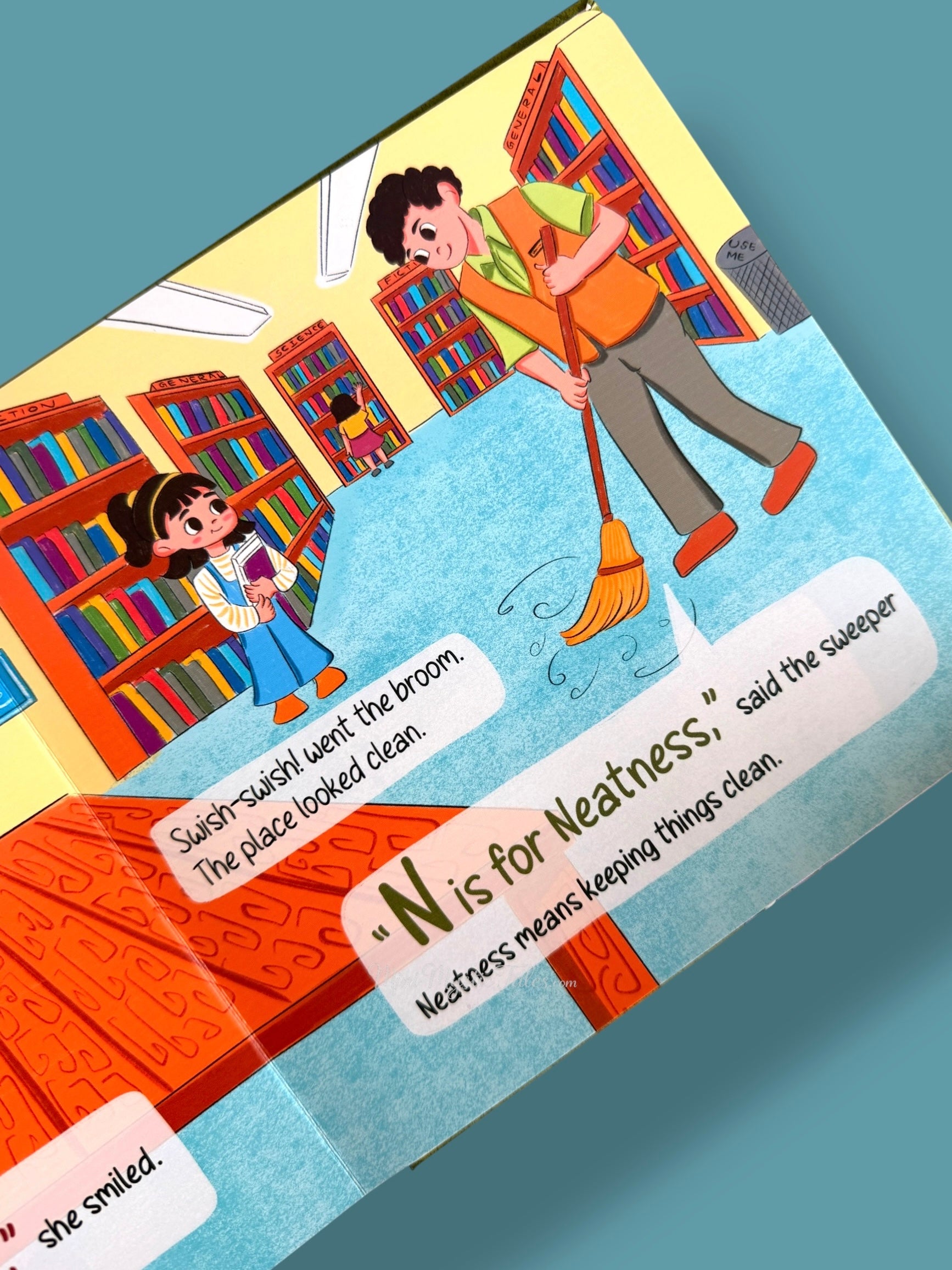 Educational storybook page teaching neatness and cleanliness through a library sweeper keeping the space tidy
