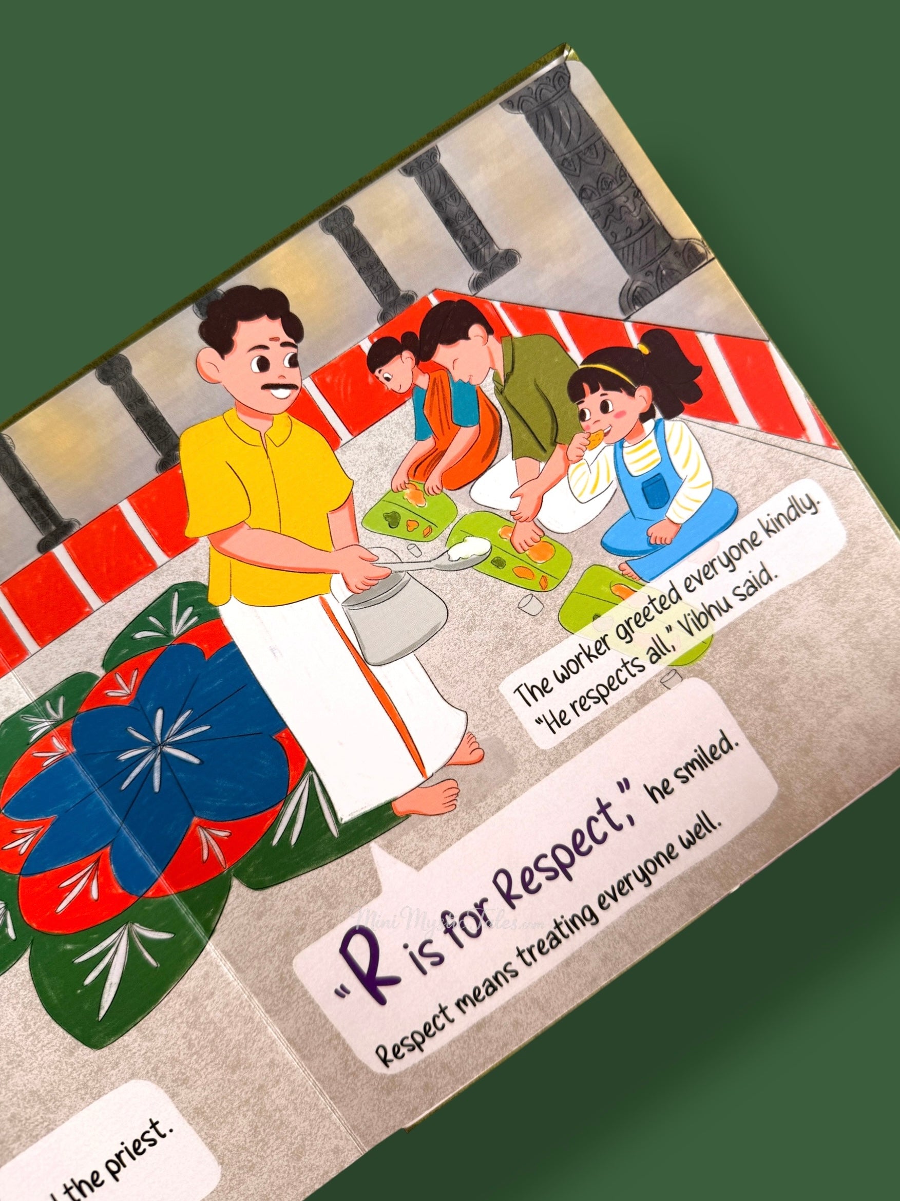 Children’s values book page teaching respect by showing kindness and consideration toward everyone in the community