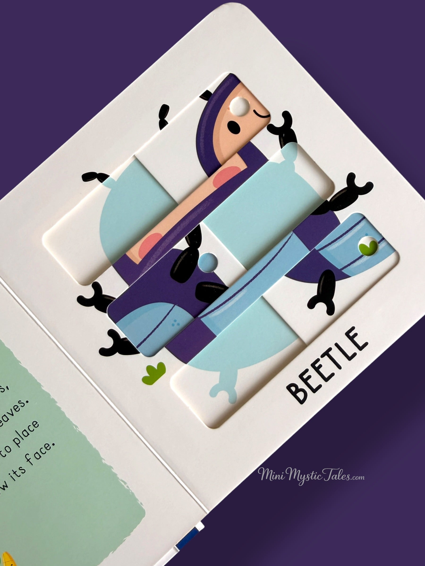 Colourful beetle sliding puzzle activity page in an interactive small animals board book