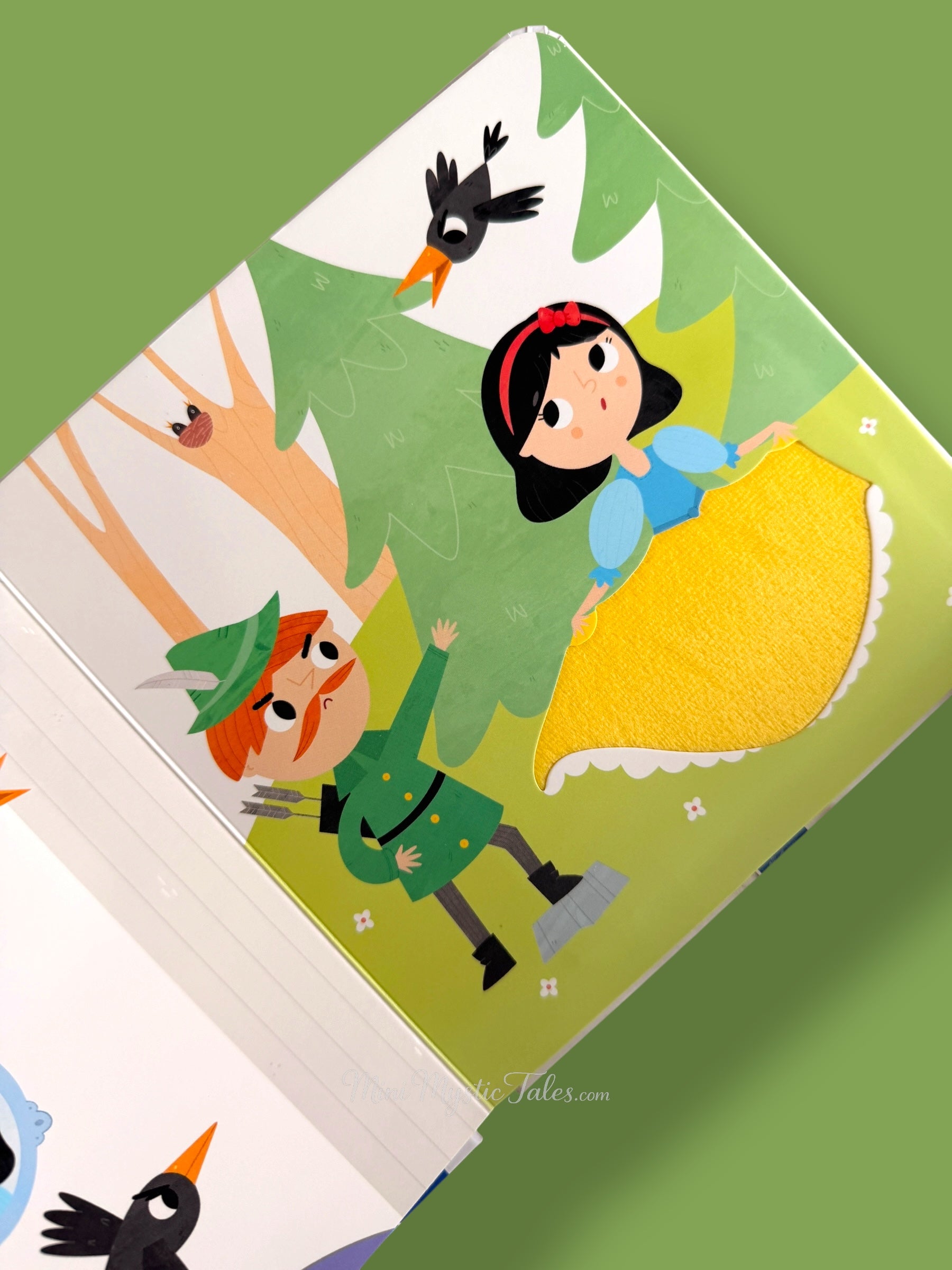 Snow White story page with princess in forest and hunter from touch and feel board book