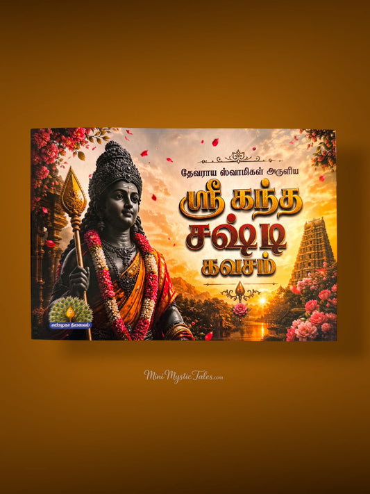 Sri Kandha Sashti Kavasam Tamil devotional book featuring Lord Murugan and temple artwork