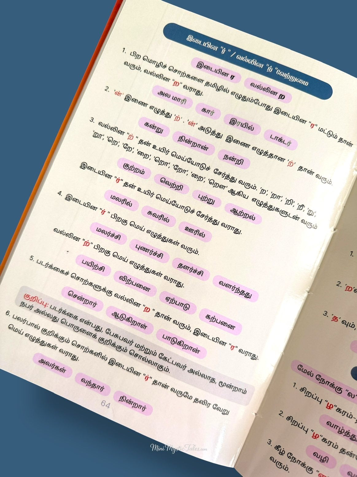 Tamil Kalanjiyam page explaining Tamil grammar rules, spelling patterns and writing conventions for school children and beginners.