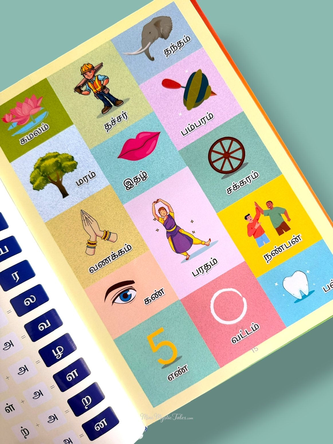 Tamil Kalanjiyam illustrated Tamil vocabulary page with picture words to build language skills and improve word recognition.