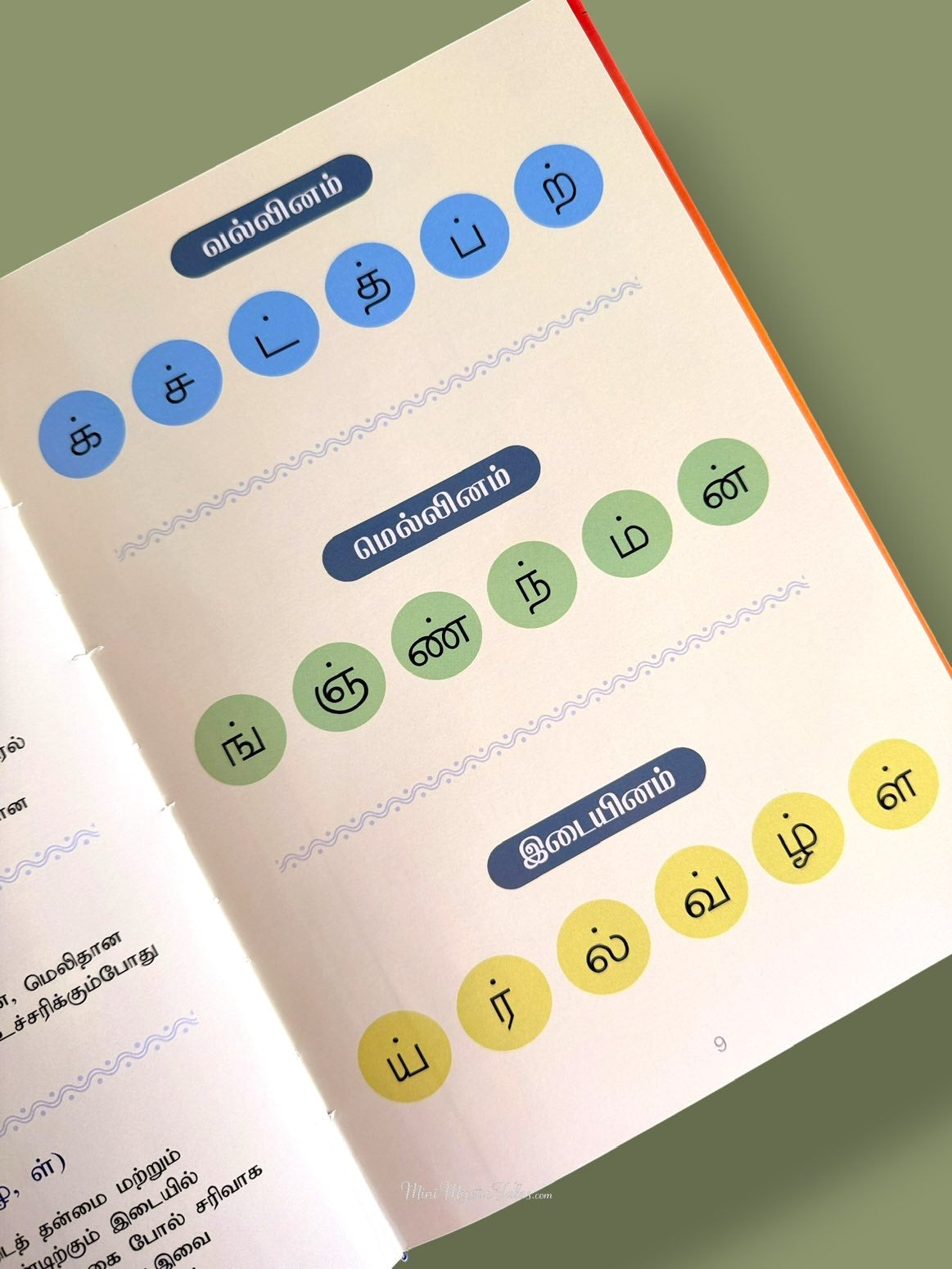 Tamil Kalanjiyam page explaining Vallinam, Mellinam and Idaiyinam Tamil letters with easy-to-understand examples for children.