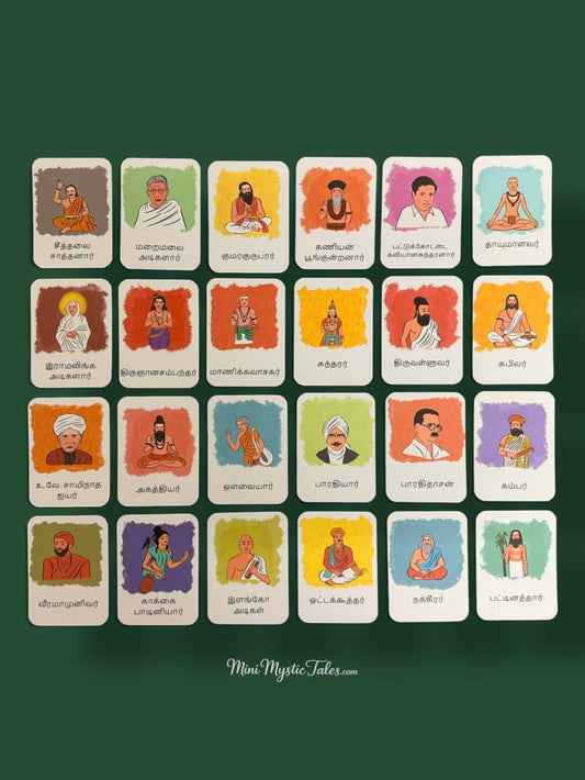 Tamil Poet Cards featuring famous Tamil poets, scholars and literary personalities with illustrated portraits and Tamil names.