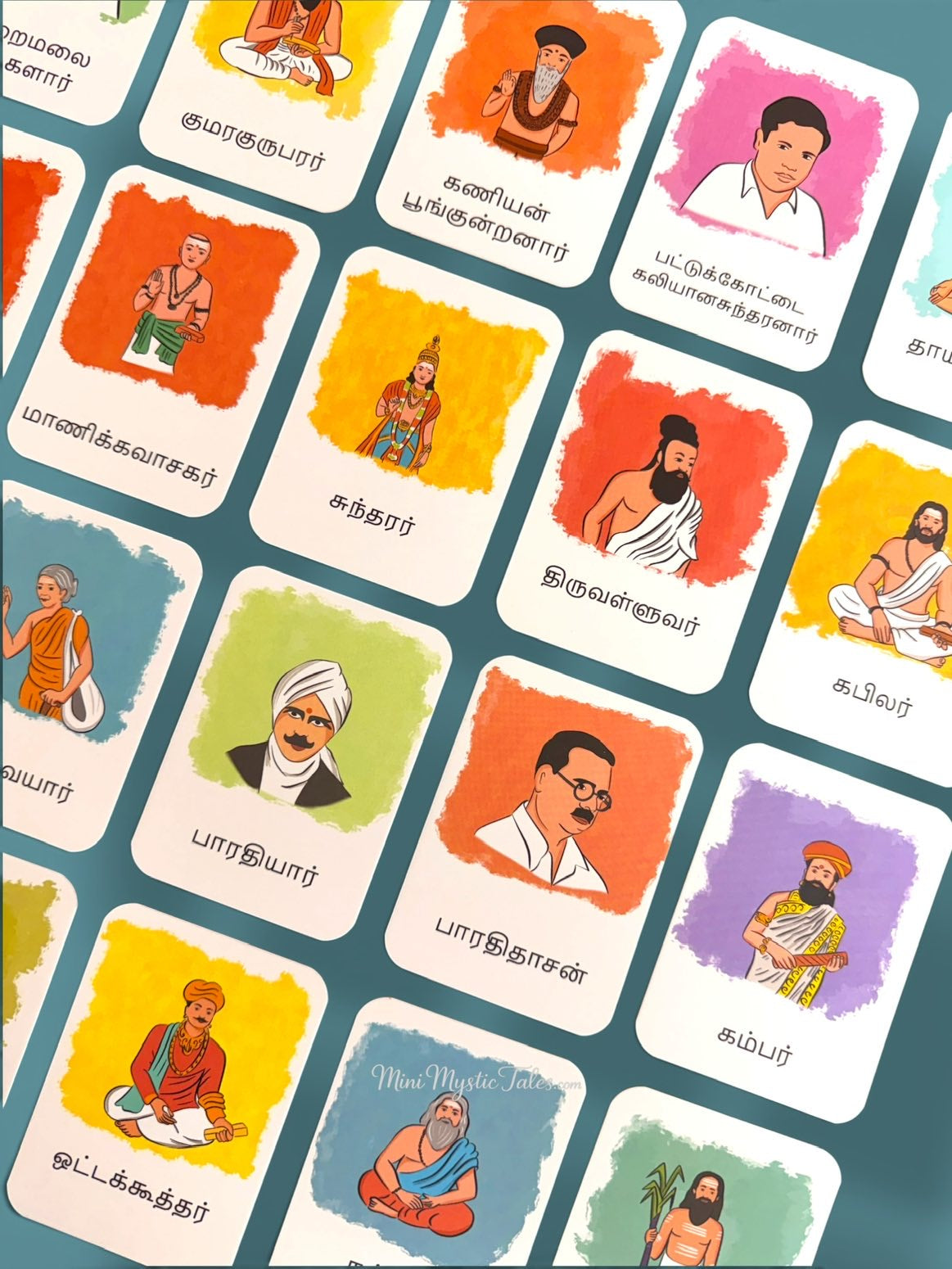 Tamil poets and scholars learning cards for kids featuring illustrated portraits with names in Tamil.
