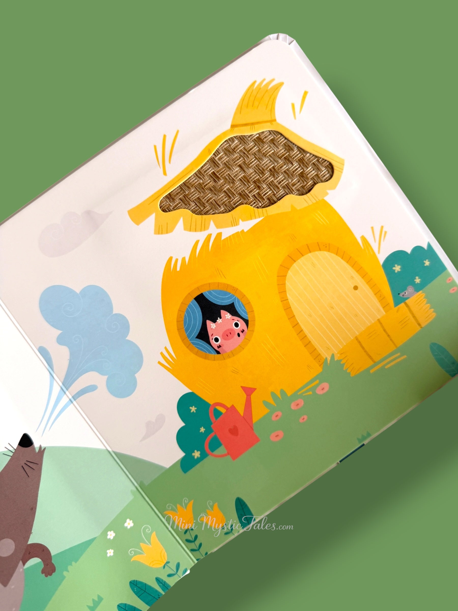 Three Little Pigs touch and feel story page showing straw house with textured roof