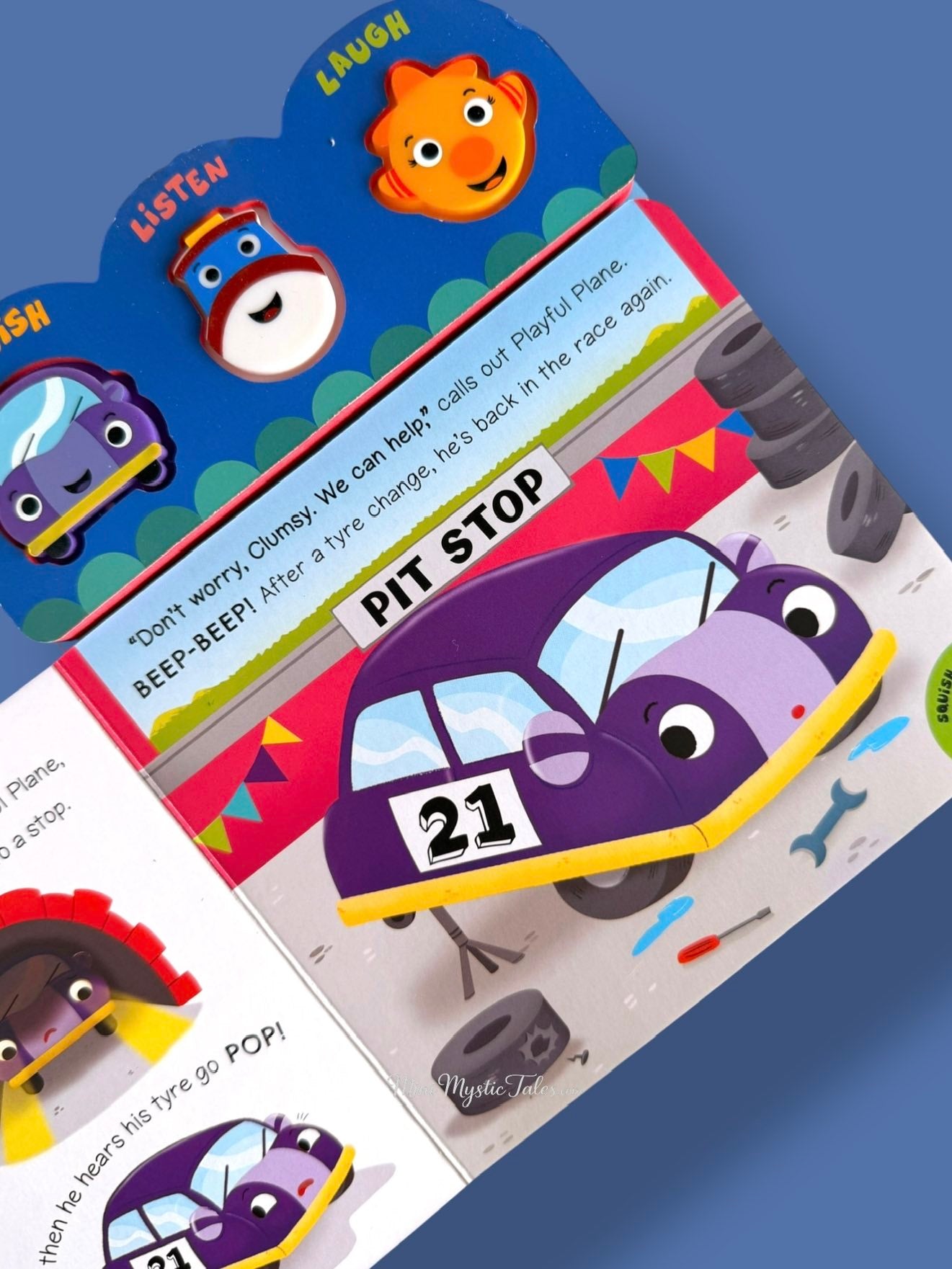 Interactive Things That Go sound book page showing a race car pit stop with engaging story and sound buttons