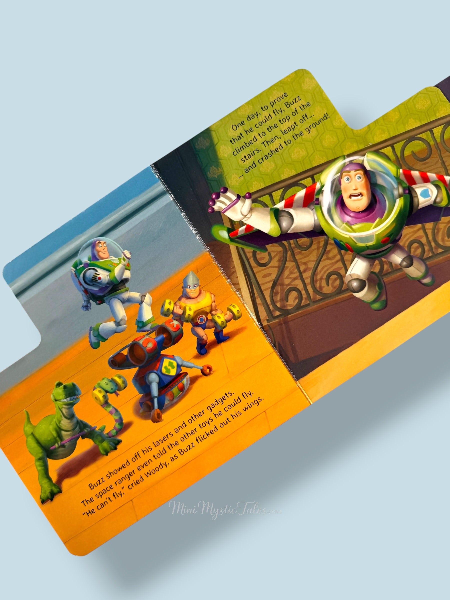 Illustrated Toy Story page showing Buzz Lightyear attempting to fly with Woody and other toys nearby