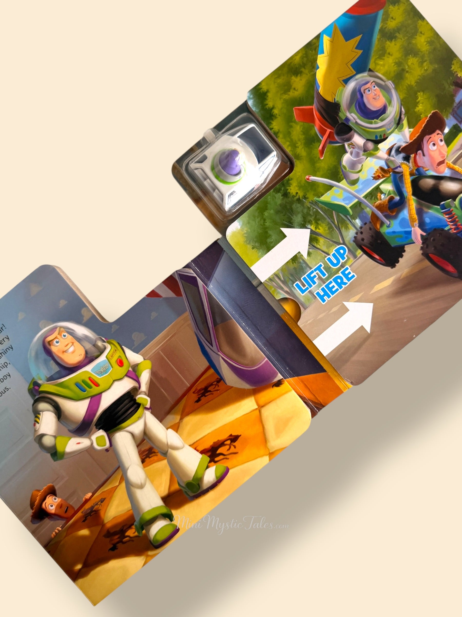 Toy Story storybook page featuring Buzz Lightyear and Woody during one of their exciting adventures