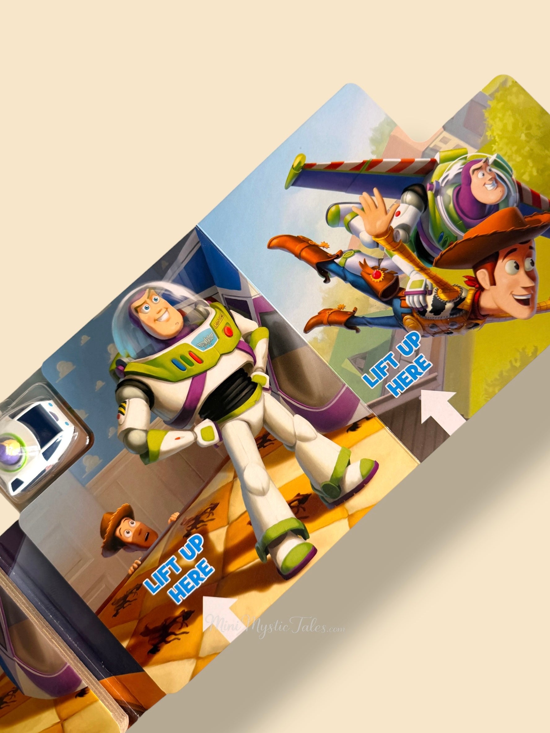 Interactive Toy Story activity page with lift-up flaps revealing scenes featuring Buzz Lightyear and Woody