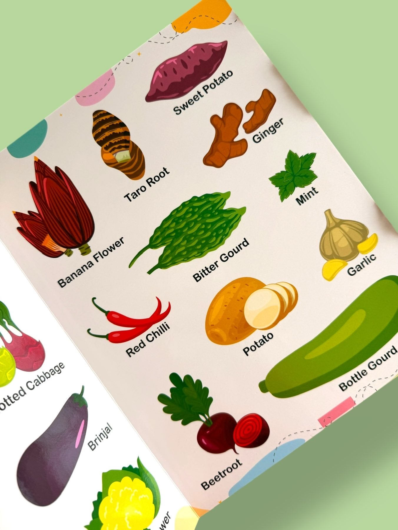 Vegetables learning page featuring sweet potato, taro root, ginger, garlic, mint, beetroot, potato, bottle gourd, bitter gourd, banana flower, and red chilli for preschool learning