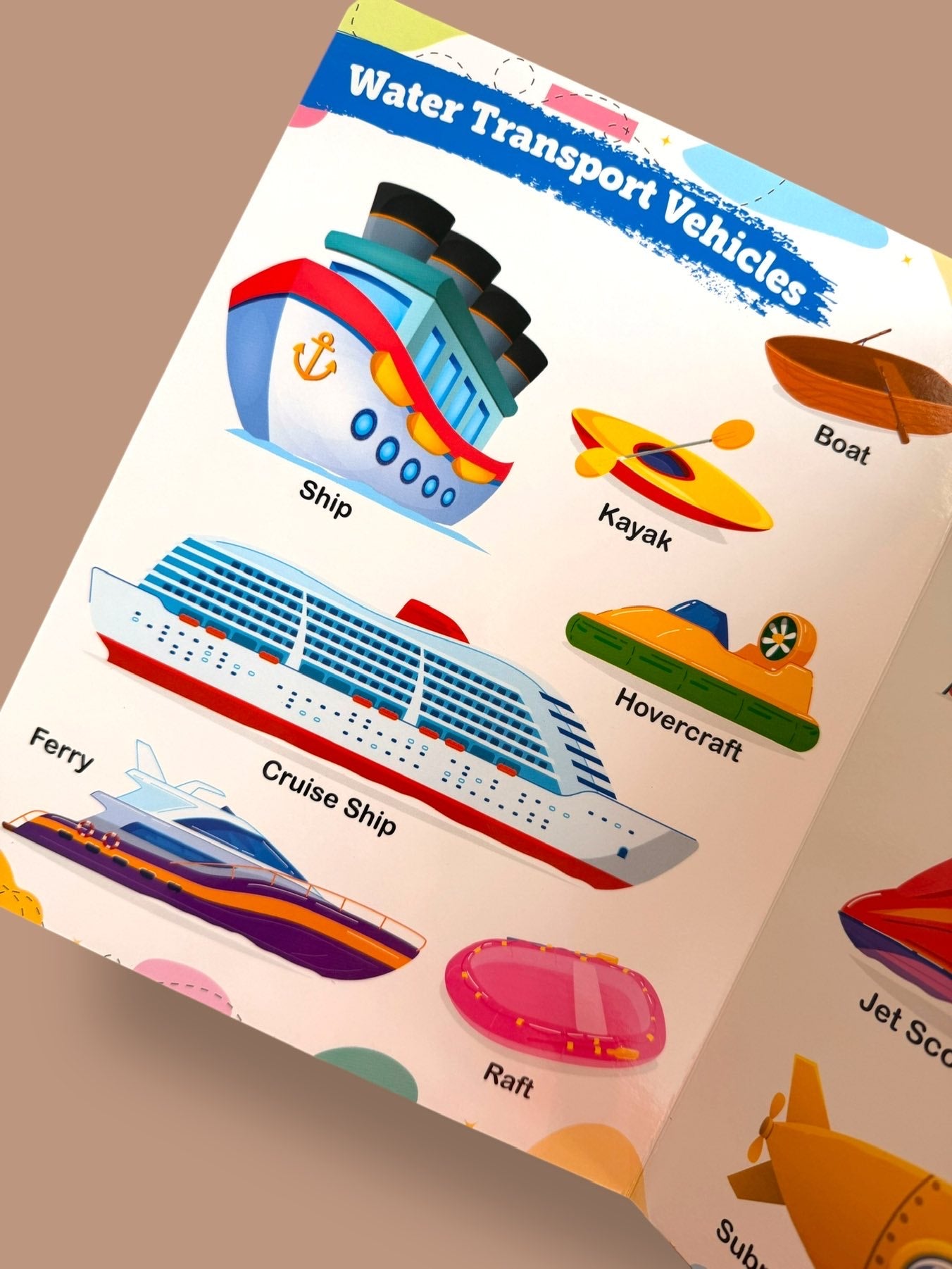 Water transport vehicles learning page with ship, boat, kayak, hovercraft, ferry, cruise ship, and raft for toddlers and preschool learning
