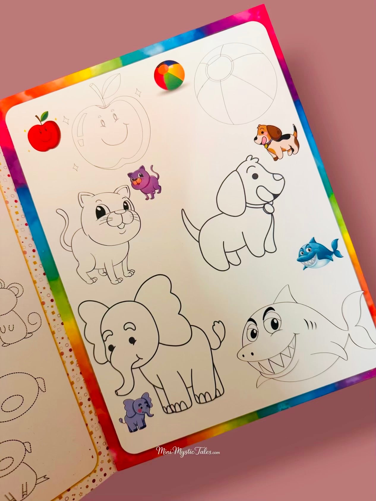 Reusable colouring page with animals, fruits and objects designed for kids to practise colouring and creativity