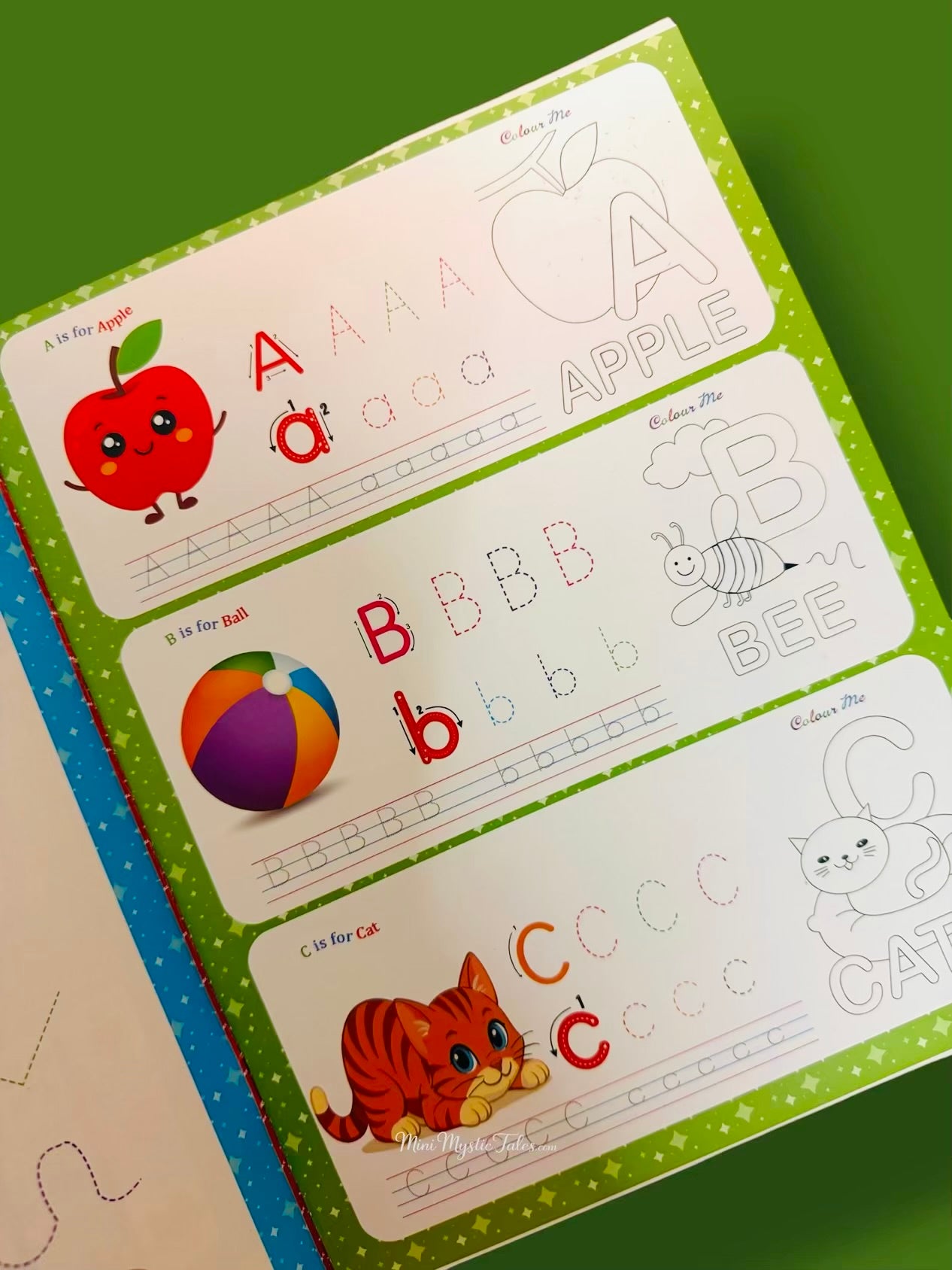 English alphabet A, B and C tracing practice with picture words, colouring activities and reusable handwriting exercises