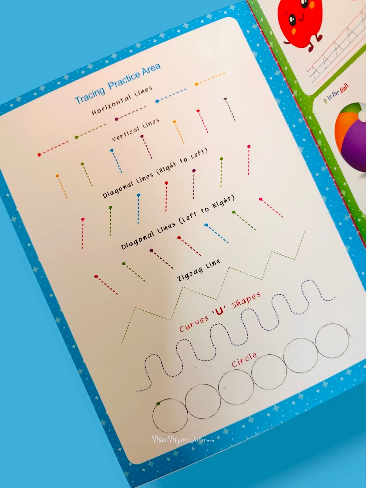 Pre-writing tracing practice page with lines, curves, zigzags and circles in reusable English alphabet handwriting book