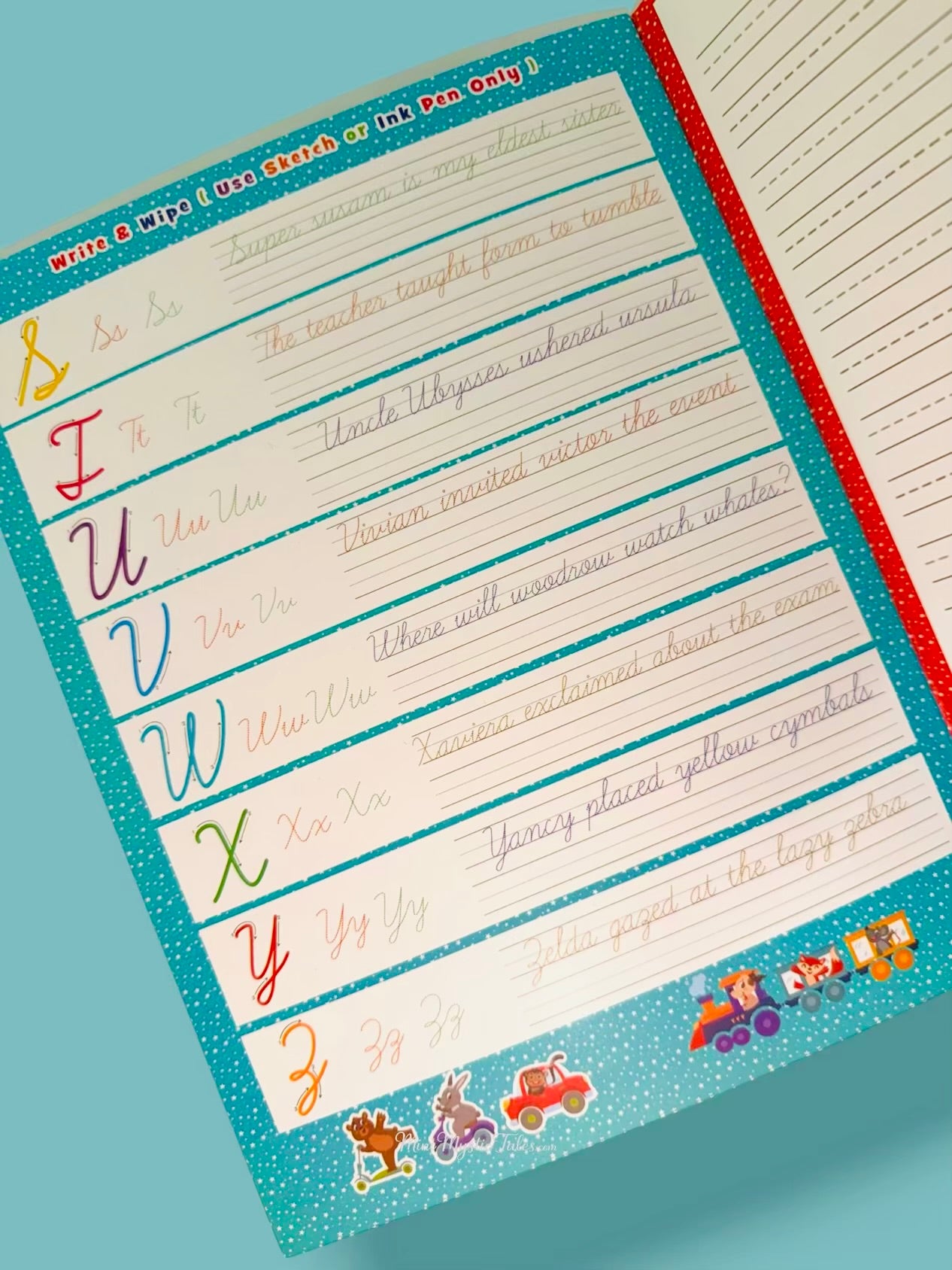 Uppercase and lowercase English alphabet sentence writing practice page with reusable wipe and clean handwriting exercises