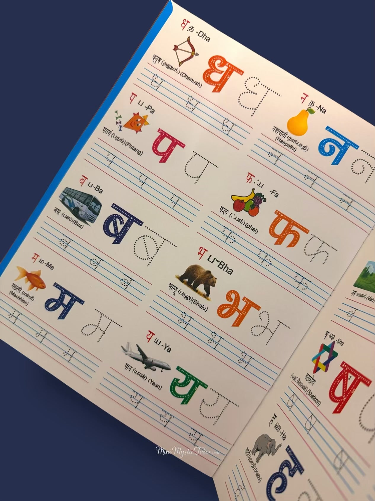 Reusable Hindi alphabet handwriting practice page with Hindi consonants, pictures and guided letter tracing for children