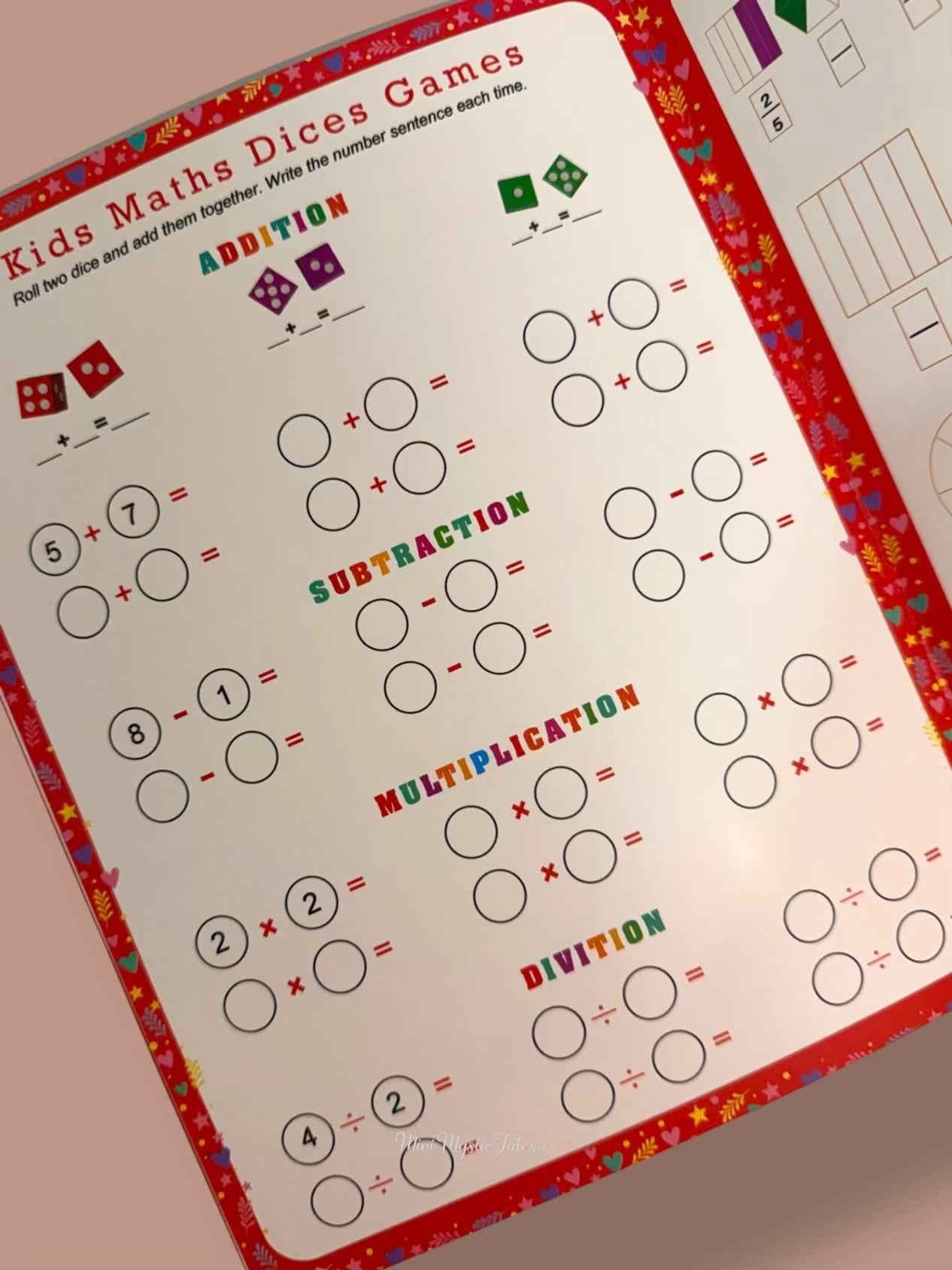 Reusable maths activity page with dice games for addition, subtraction, multiplication and division practice for kids