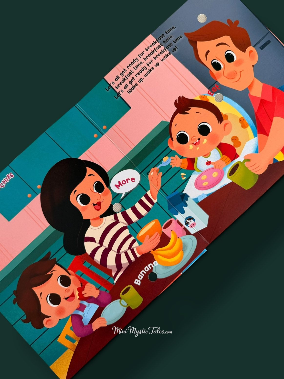 Breakfast time interactive page with press-and-listen buttons from A Day in the Wonderful World of Me toddler sound book.