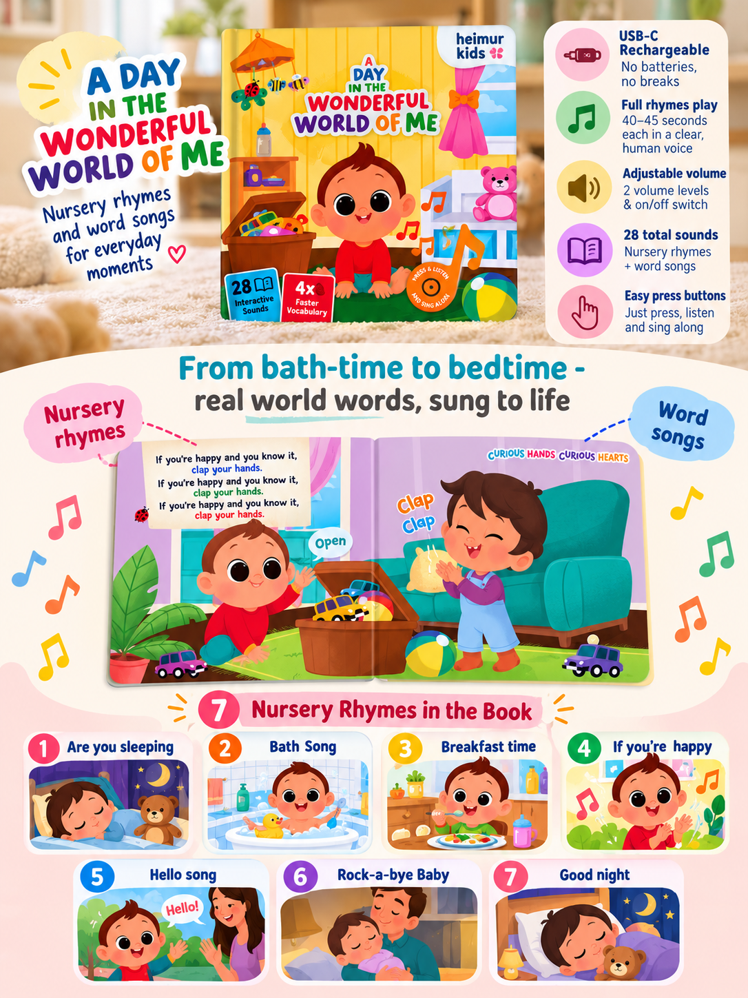 A Day in the Wonderful World of Me musical book featuring nursery rhymes and first-word songs for everyday toddler routines.