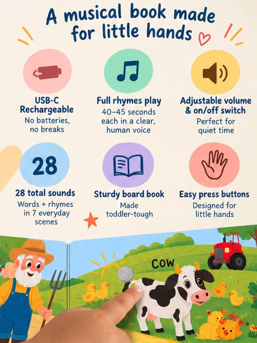 Rechargeable toddler sound book with 28 sounds, full-length rhymes, adjustable volume, sturdy board pages and easy press buttons.